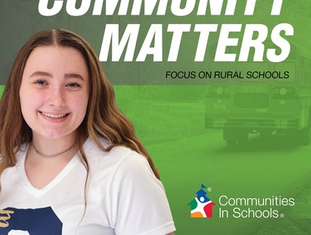A student against a green background with the text "Community Matters" in large font and in smaller text "Focus on Rural Schools"